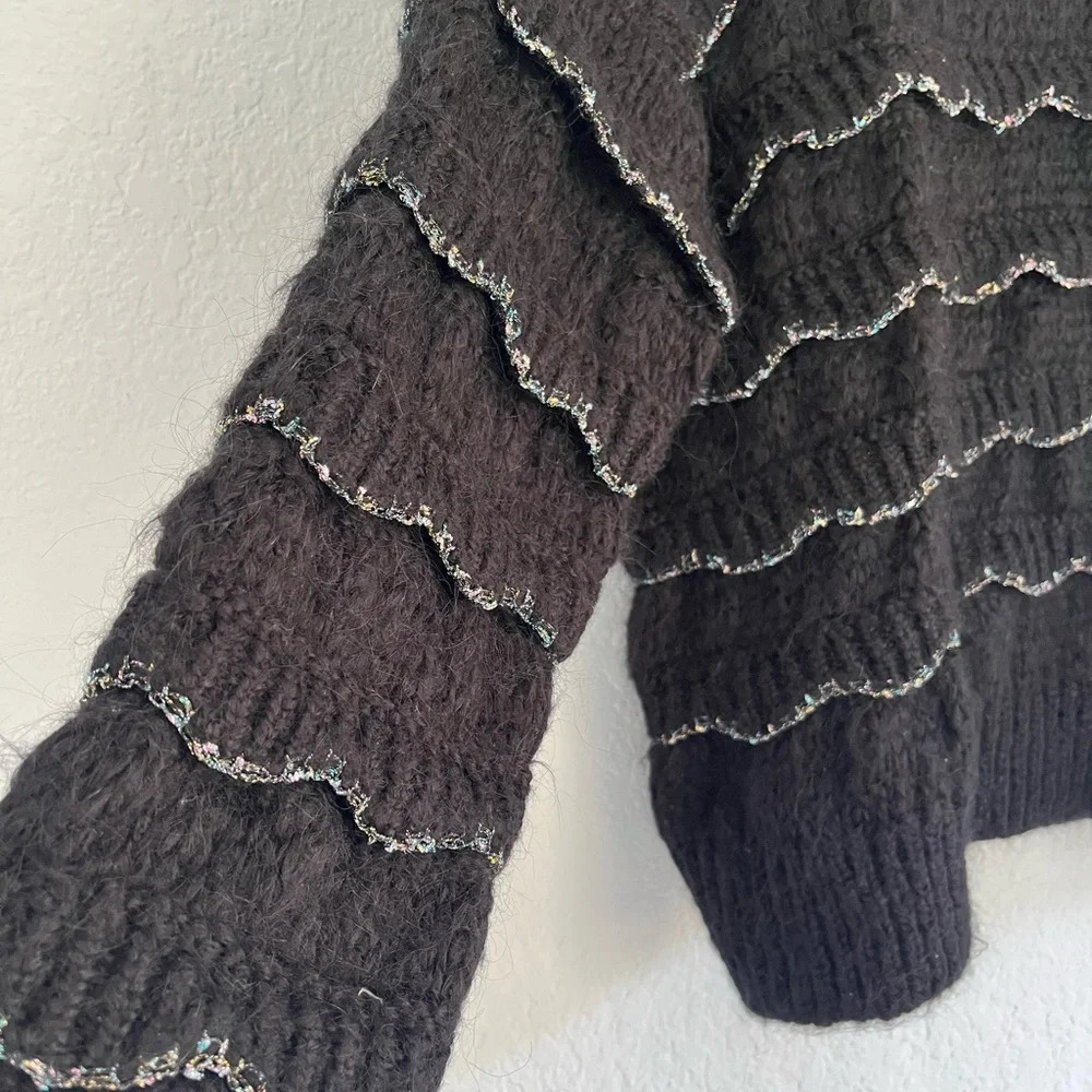 ZARA Knit Black Oversized Mohair Sweater with Glitter Trim Size S - Picture 6 of 10